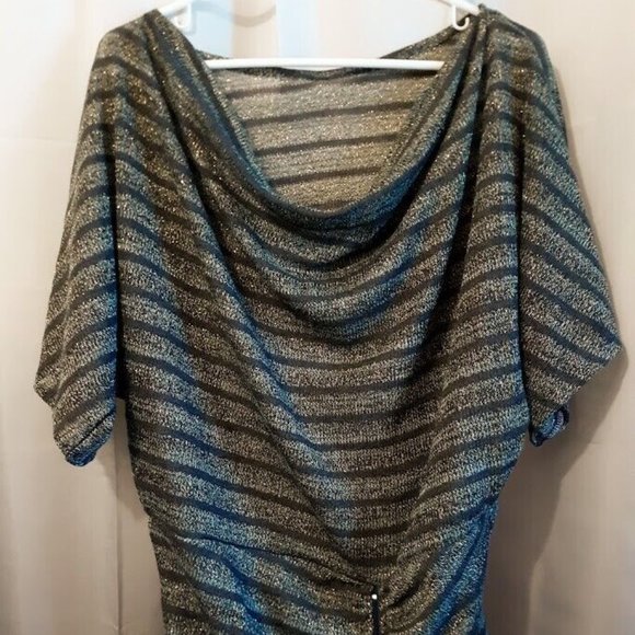 New Metallic Sheer Crochet Draped top L Blue Gold Green stripe Zippered waistban - Picture 3 of 10